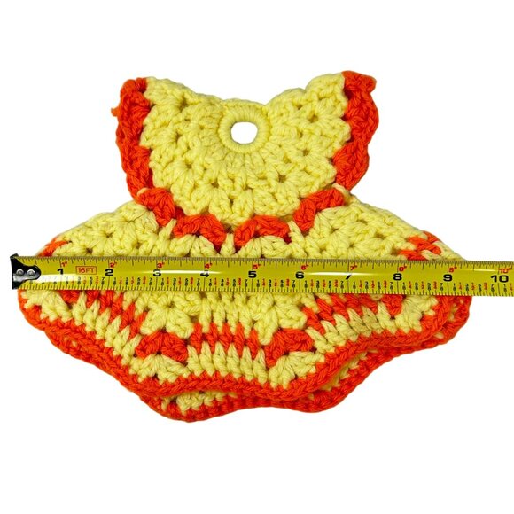 Vintage Handmade Crochet Dress Pot Holders Yellow Orange Ring Hole 7 x 6 Inch - Picture 5 of 6